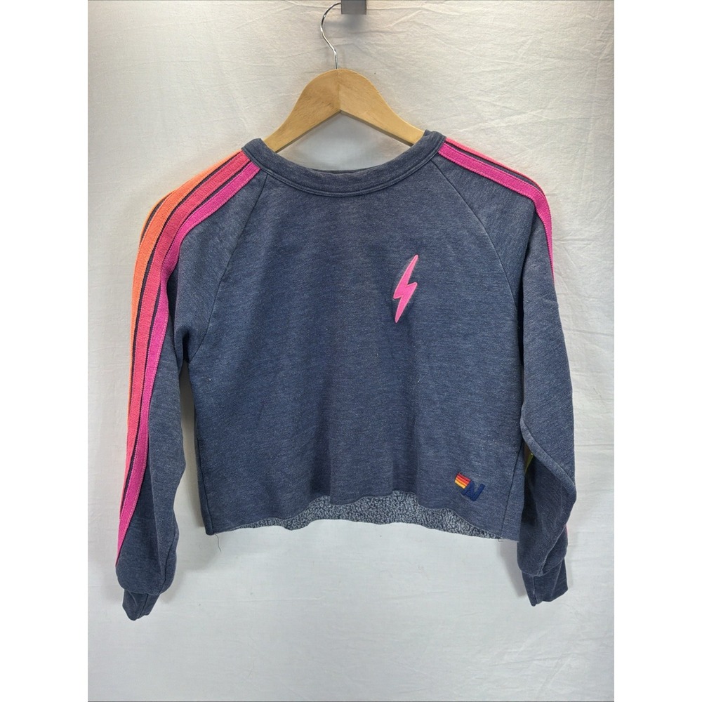 Aviator Nation Bolt Classic Cropped Crewneck Sweatshirt Neon Stripe Size XS Blue
